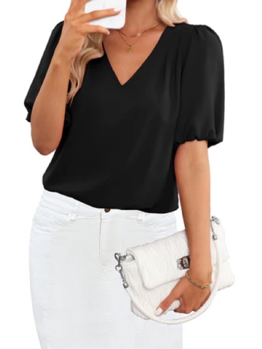 Black V-Neck Puff Short Sleeve Blouse